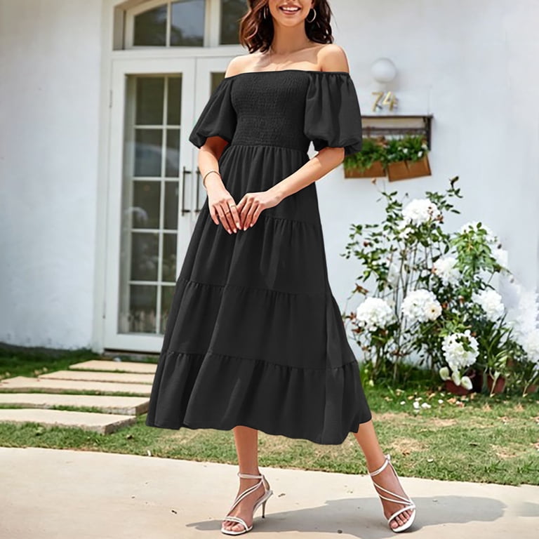 smocked off the shoulder midi dress Smocked Bodice Off Shoulder Midi Dress in Red