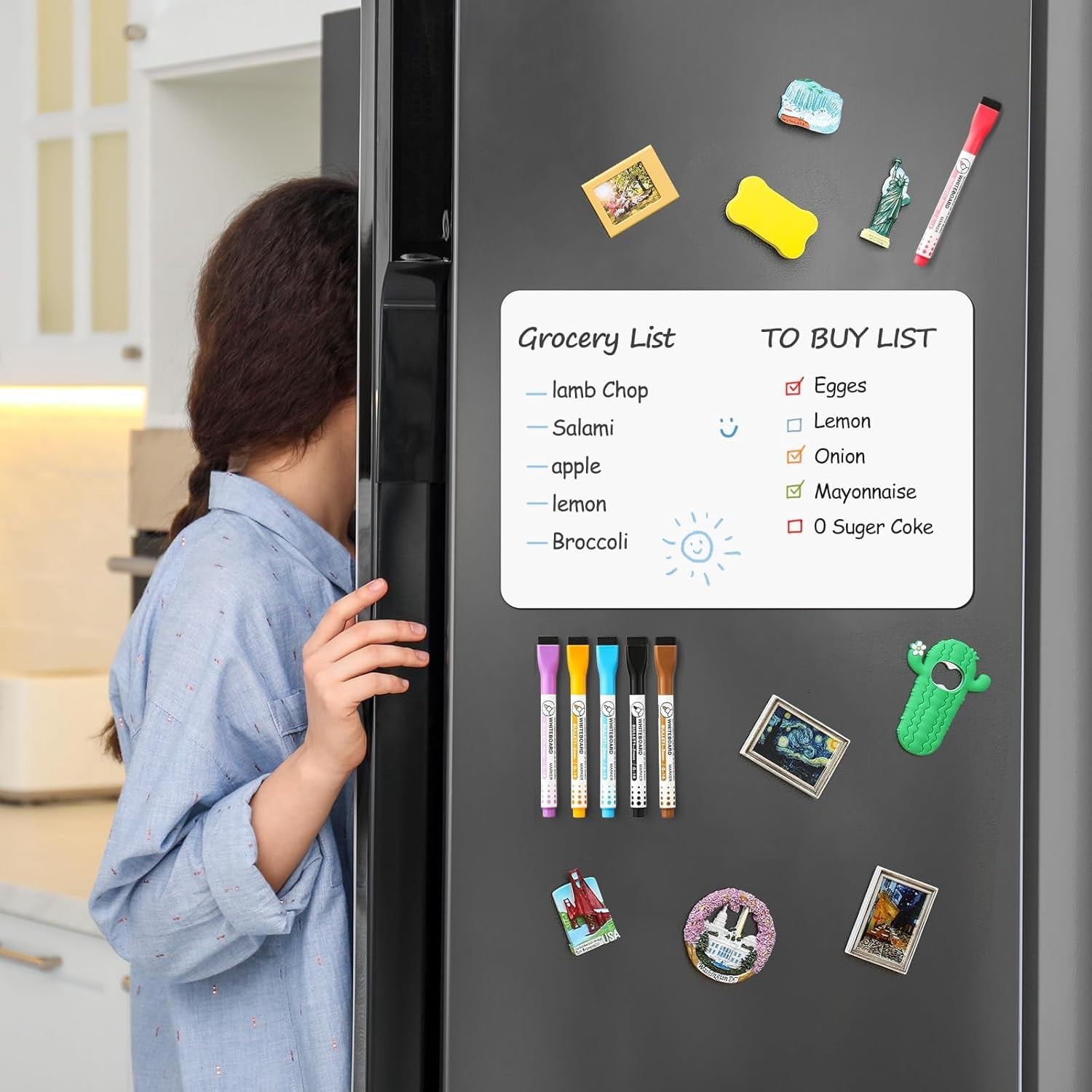 1 Pack Magnetic Dry Erase Board Sheet for Fridge, Erasable Refrigerator WhiteBoard w/ 4 Markers & 1 Eraser- Smooth and Flexible Small Magnet Blank Notepad for Home Kitchen Organizer and Planner