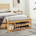 thumbnail image 4 of Gymax Shoe Rack Entryway 3-Tier Bamboo Shoe Bench Organizer W/Cushion Modern Stool, 4 of 10