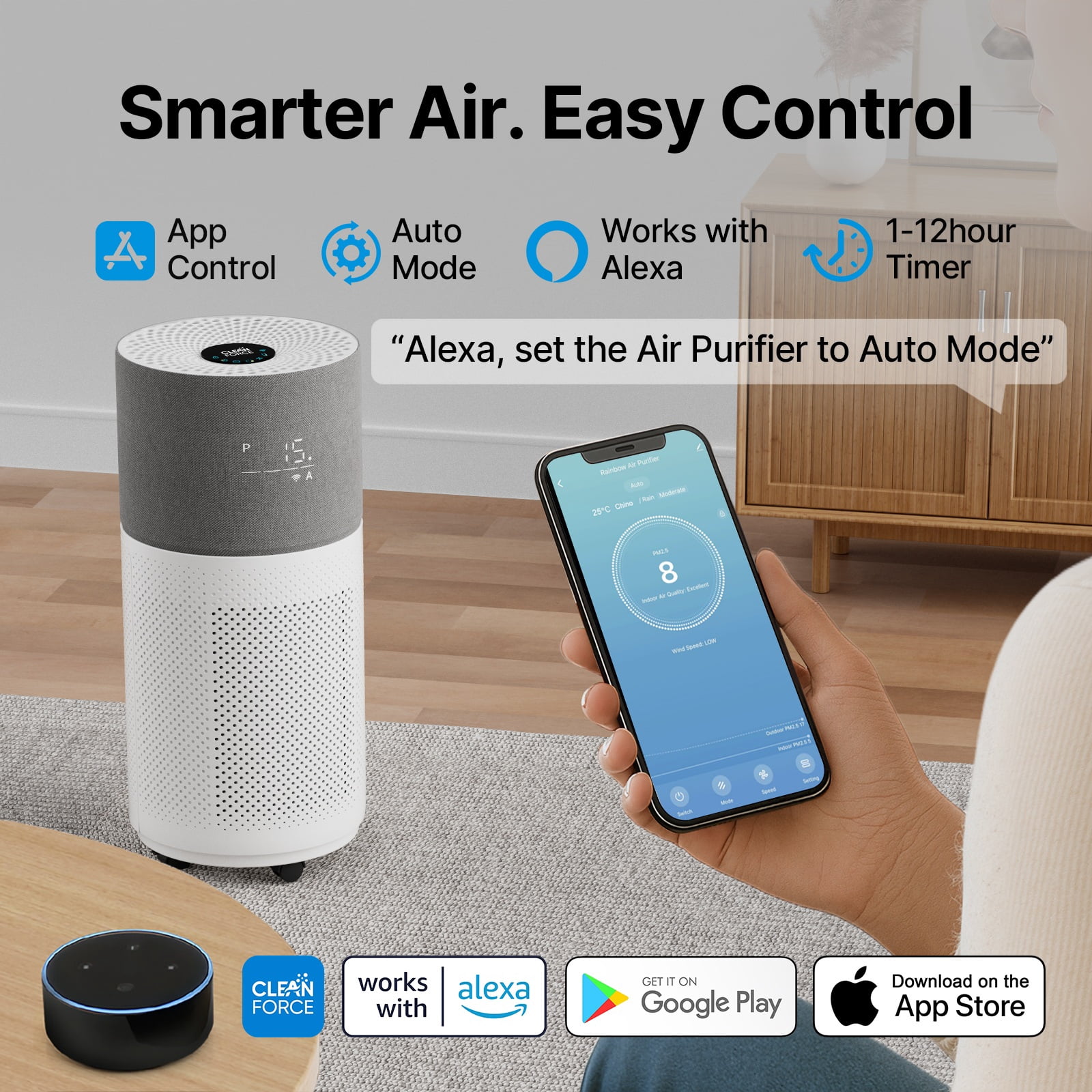 CleanForce HEPA Air Purifier for Home, Covers up to 2250 sq ft, Quiet Operation, Works with Alexa, Voice Control, Rainbow Blue