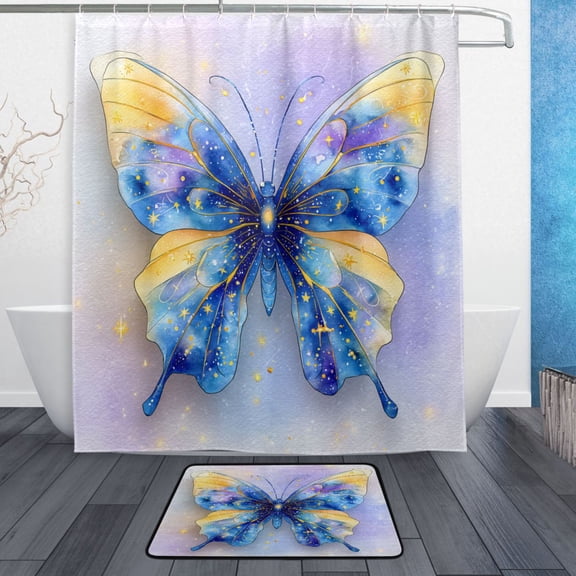 TTYFWHD 60" x 72" Shower Curtain and Bath Mat Set Golden Galaxy Butterfly Waterproof Bathroom Curtain with 12 Hooks, Bathroom Decor Set