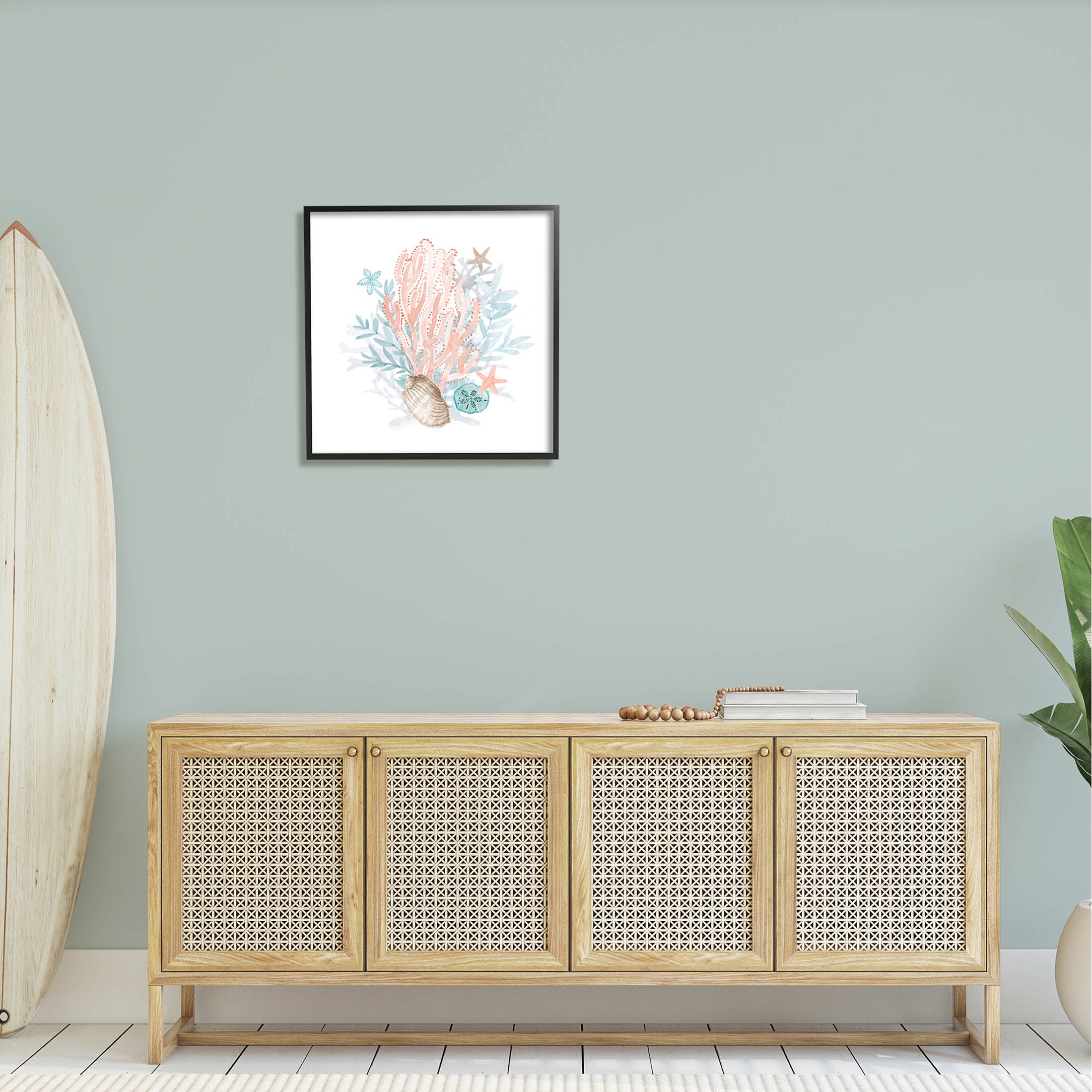 Aquatic Coral Pattern Seashells Animals & Insects Graphic Art Black Framed Art Print Wall Art