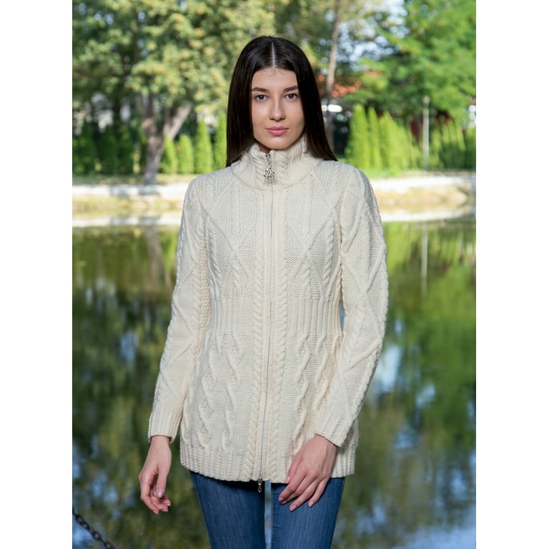 SAOL Aran Zip Cable Knitted Long Cardigan Irish Fisherman Sweater 100%  Premium Merino Wool Women's Outdoor Jacket Made in Ireland