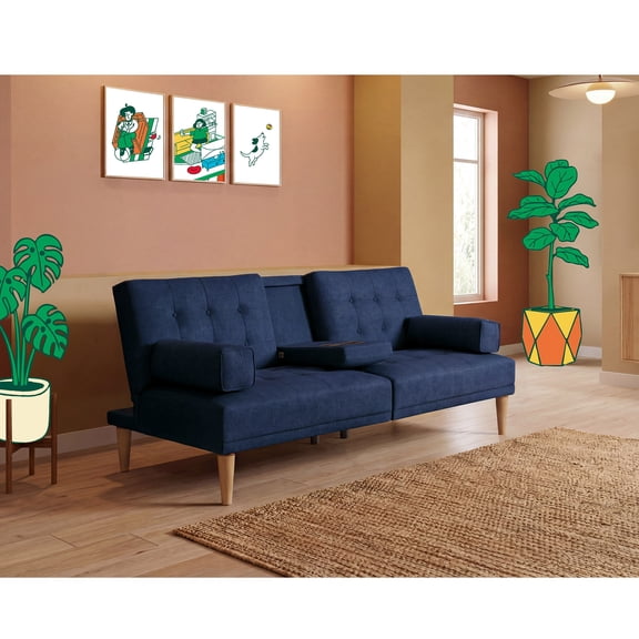Sofá Cama de Lino Azul Makora Con Portavasos Modelo Queen