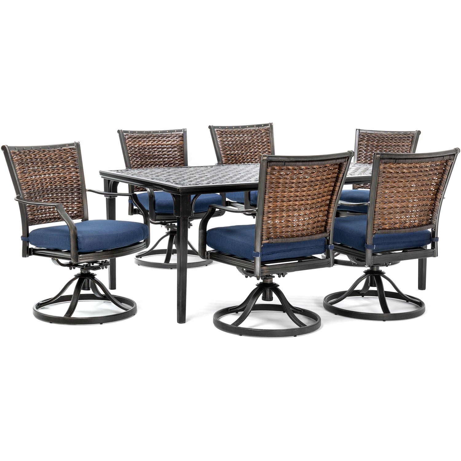 Hanover Mercer 7Piece Patio Dining Set in Navy Blue with 6 Cushioned Swivel Rockers and a 40" x