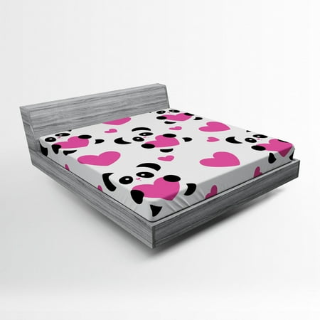 Love Fitted Sheet Day of Love Pandas and Hearts Cartoon Cheerful Wildlife Fun Art, Soft Decorative Fabric Bedding, Fuchsia Black White, by Ambesonne