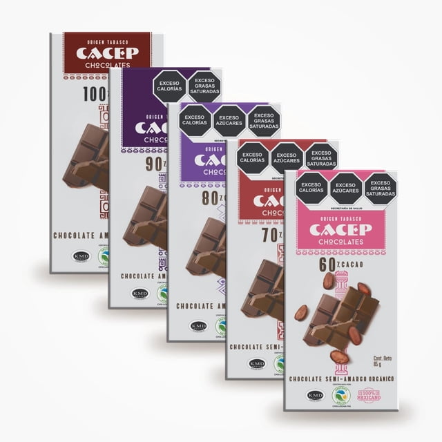 CACEP |Barras de chocolate amargo ORGÁNICO 5pzas 85g (60-70-80-90-100 CACAO) | Vegano