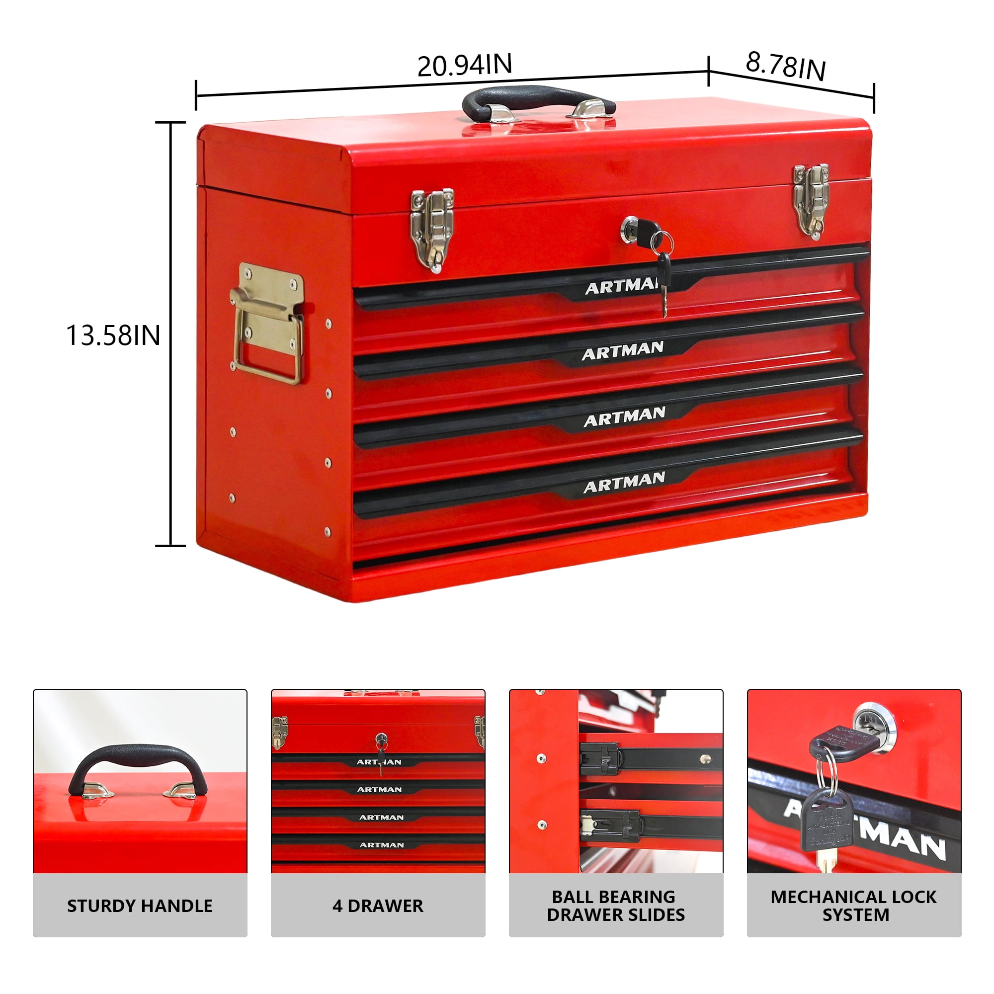 20" Steel Tool Box with Drawers, Lockable Powder-coated Storage
