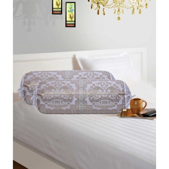 Stylo Culture Ethnic Decorative Brocade Bolster Pillow Covers White Gold Elephant Jacquard Weave Round Tube Pillow Traditional Floral Cylindrical Cushion Covers - (76x38 cm) | Set of 2 Pcs