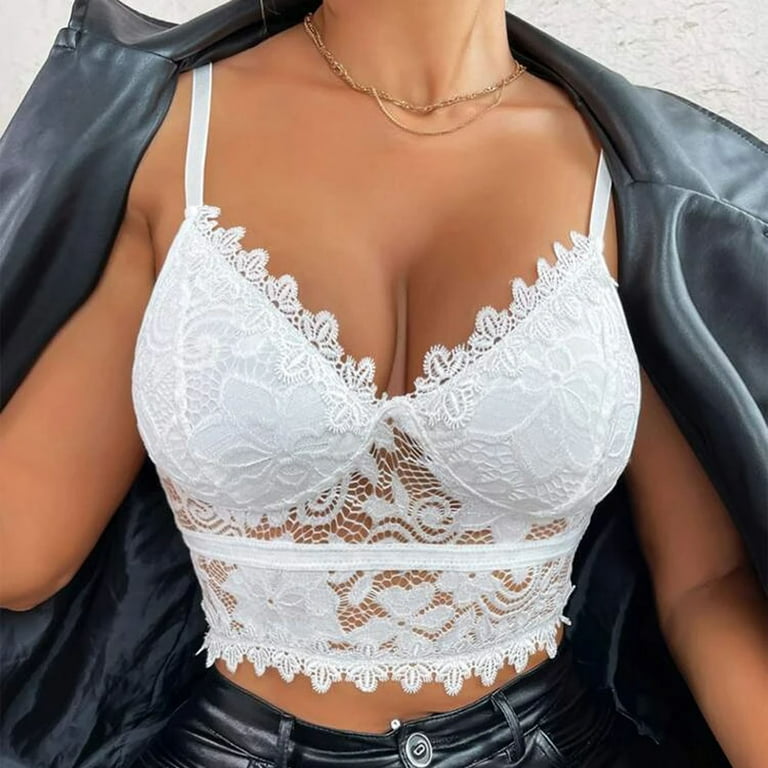 BIZIZA Womens Bra Bralette Sexy Lace Crop Top Plus Size V Neck White Large