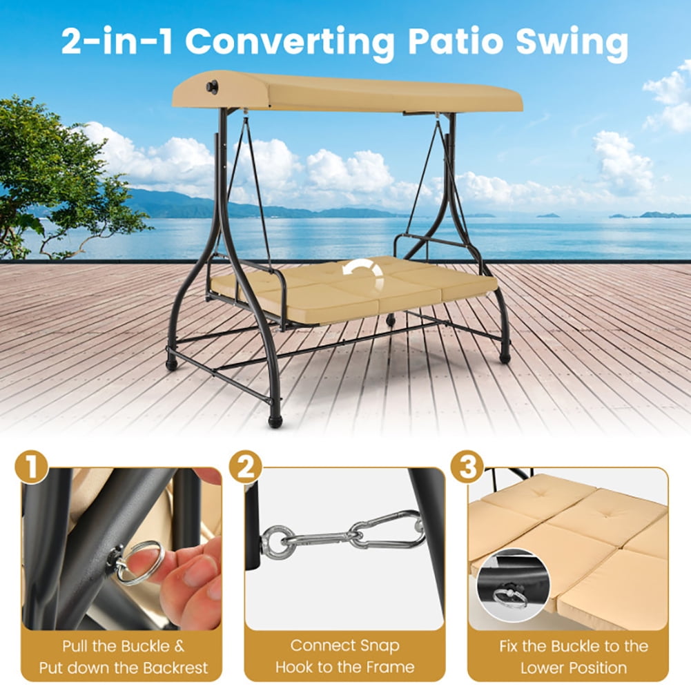Aimee Lii 3 Seat Outdoor Porch Swing with Adjustable Canopy, Outdoor Swings for Adults, Beige Aimee Lii 3 Seat Outdoor Porch Swing with Adjustable Canopy, Outdoor Swings for Adults, Beige