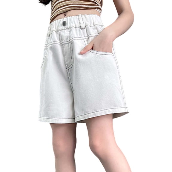 Summer Girls Denim Shorts with Bow Embroidery Casual Five Pocket Mid Thigh Length Blend Elastic Waist Clothes
