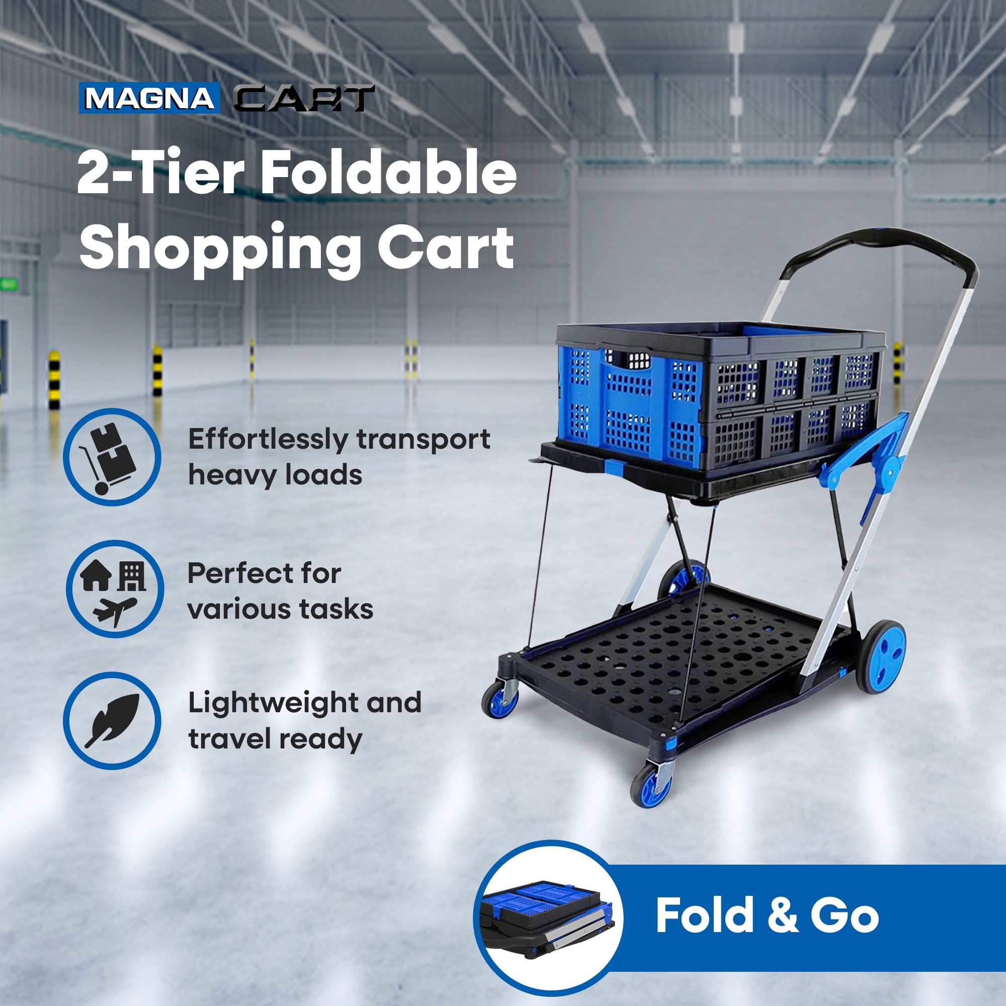 Magna Cart 2-Tier Folding Shopping Utility Cart w/Collapsible Crate