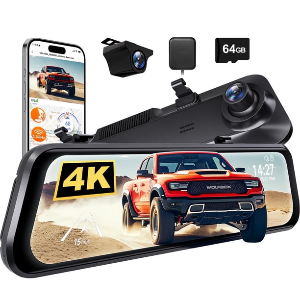 Cámara de salpicadero con espejo WOLFBOX G850 PRO 4K con ADAS y BSD de 12 pulgadas
