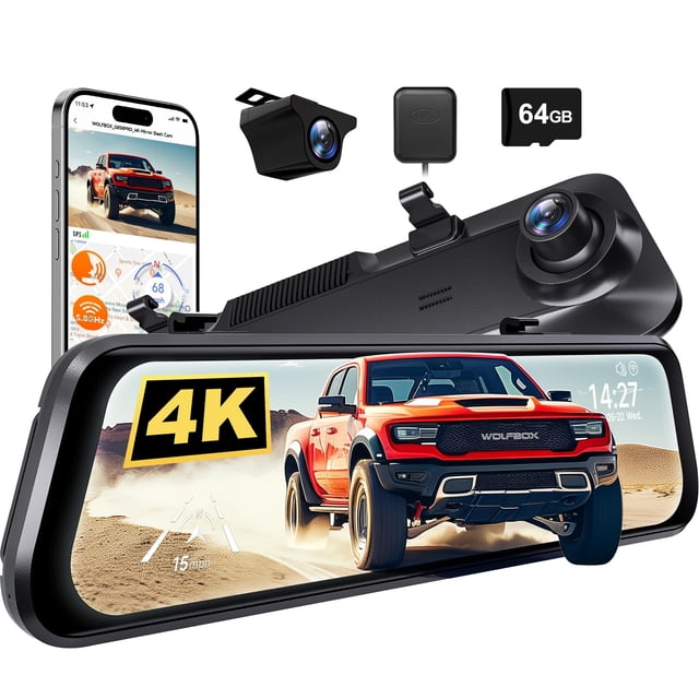 Cámara de salpicadero con espejo WOLFBOX G850 PRO 4K con ADAS y BSD de 12 pulgadas