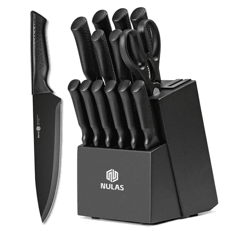 NULAS Knife Set, 14Piece Knife Sets for Kitchen with Block, Dishwasher Safe, Built in Sharpener Block, Black