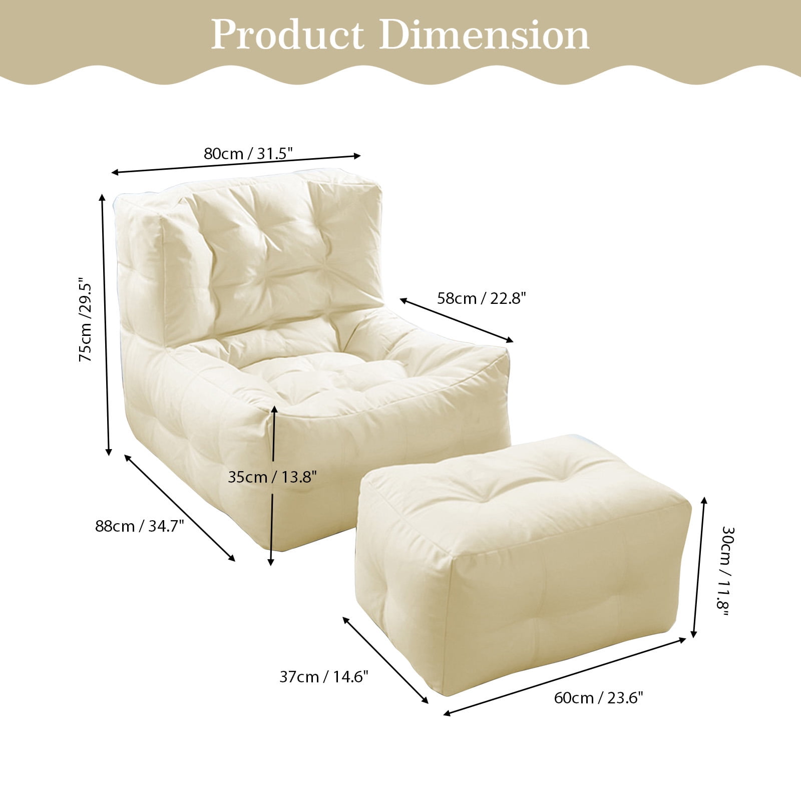 Modern Giant Bean Bag Chair with Ottoman Bean Bag Couch Sofa with Footstool Lounge Large Bean Bag Chairs for Adults Reading Chair for Bedroom Living Room (Plaid Type)