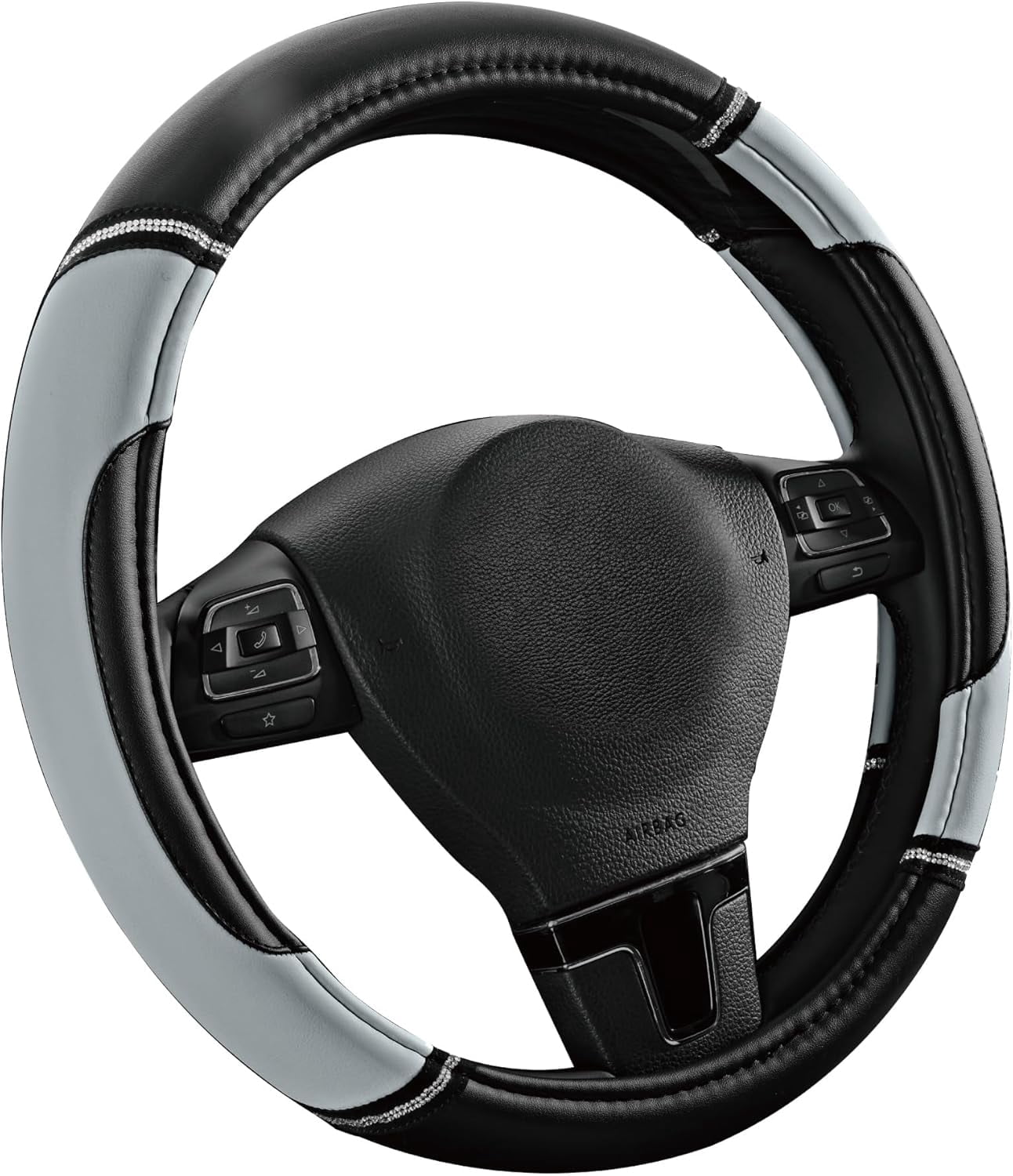 Leather Steering Wheel Cover - Made with PVC Leather - Anti-Slip, Universal Fit 14 1/2 inches to 15 inches - Gray
