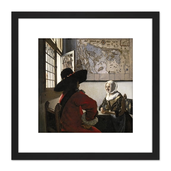 Vermeer Officer Laughing Girl Painting 8X8 Inch Square Wooden Framed Wall Art Print Picture with Mount