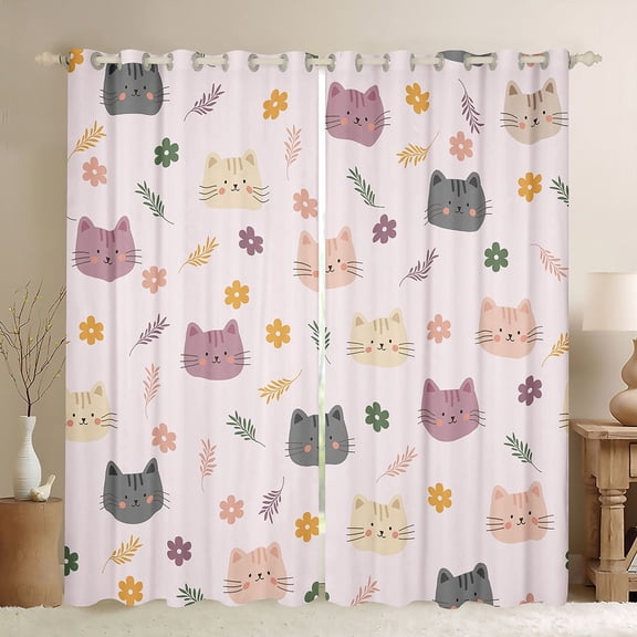 Manfei Kawaii Kitten Blackout Curtains, Boho Flower Floral Window Curtains Pack of 2 (38x45 Each), Pink