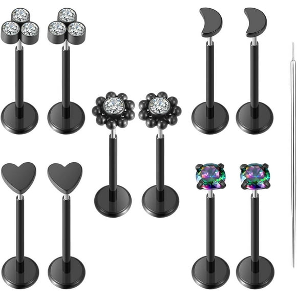shiyou-10pcs 18G Threadless Push-in Tragus Conch Cartilage Flat Back Helix Labret Monroe Lip Ring Daith Piercing Jewelry