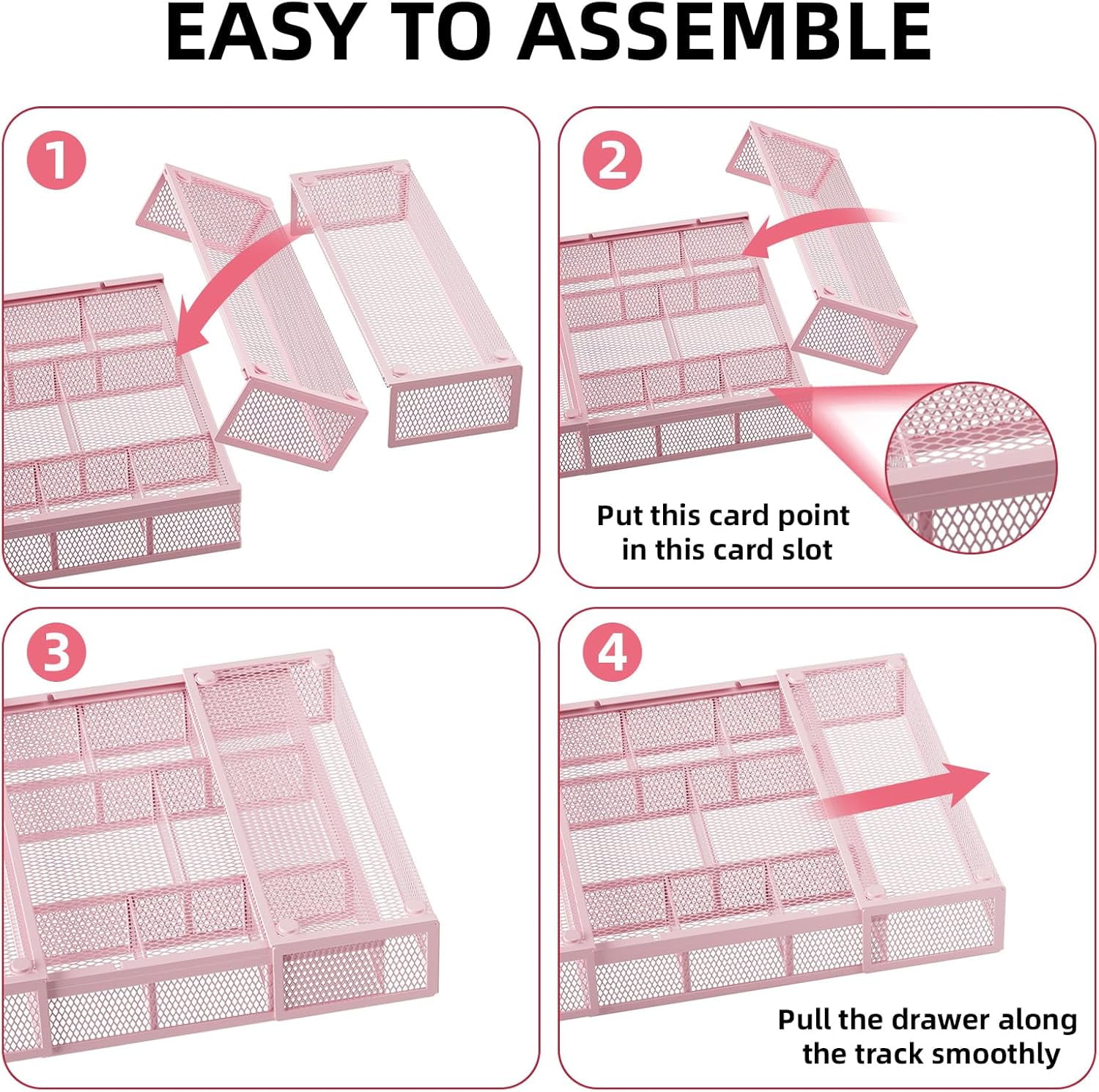 Expandable Desk Drawer Organizer, Mesh Tray with 10 Adjustable Compartments, Desk Organizers for Office Supplies, Makeup & Vanity (Expandable-Pink 2pack)