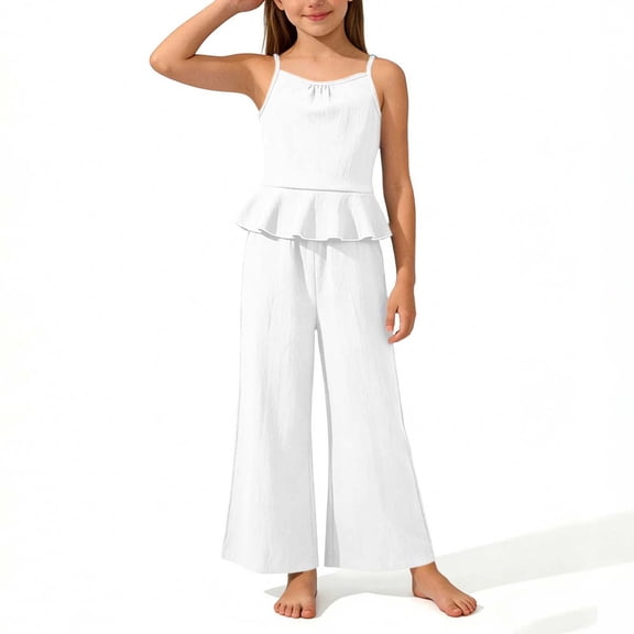 ATOGUTA Graduation Outfit for Girls Sleeveless Ruffle Tank Top Wide Leg Pant Set Size 4T-15 Kis Trendy Clothes White