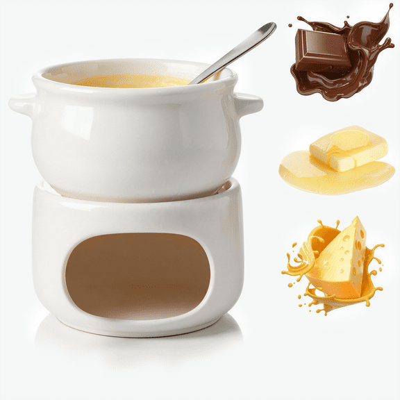 Ceramic Chocolate Fondue Pot Set with Fork, Mini Cheese Melting Bowl with Candle Stand for Dessert Gifts, White
