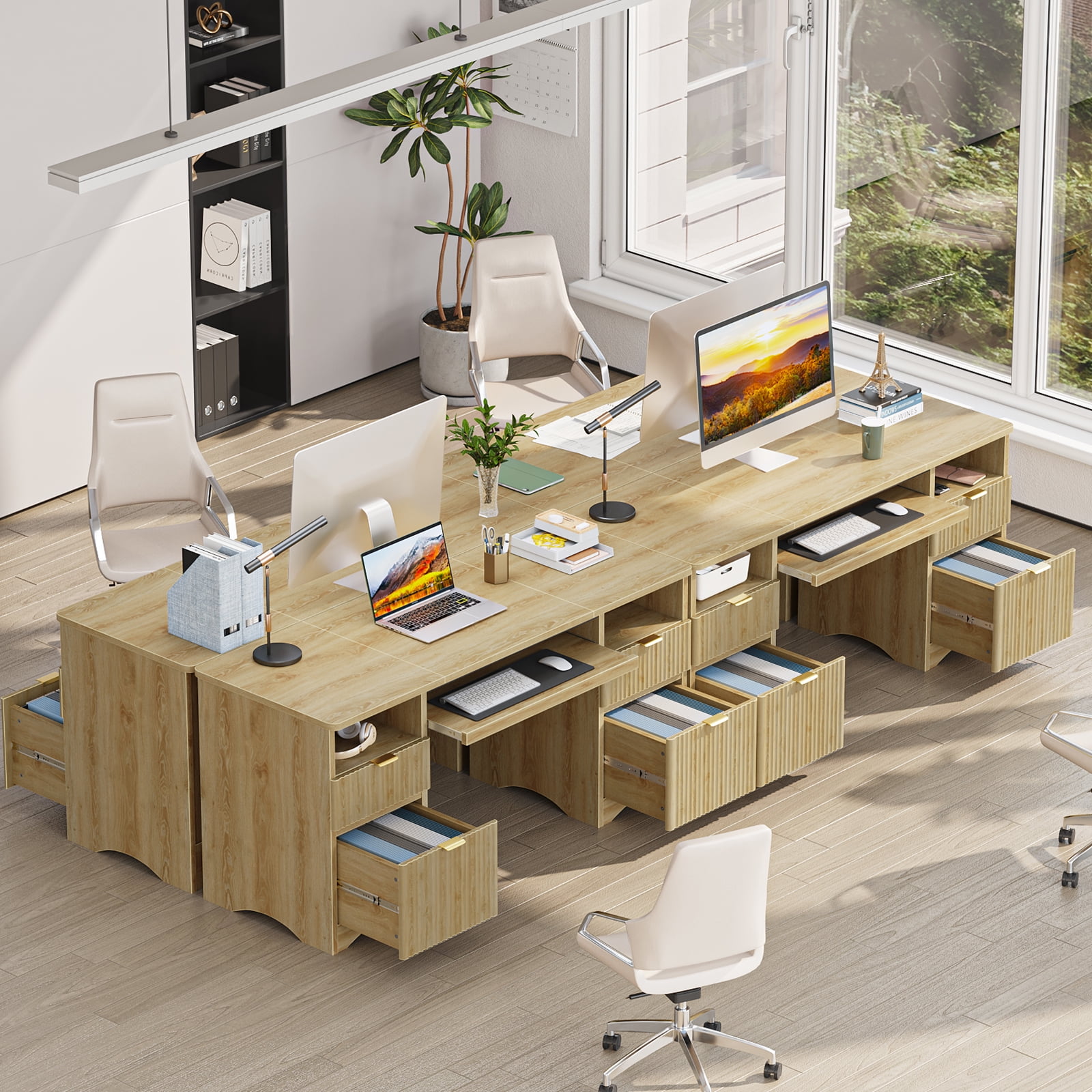 Bestier 59" Home Office Computer Desk with Keyboard Tray and Storage Drawers, Modern Executive Desk for Writing Reading, Oak