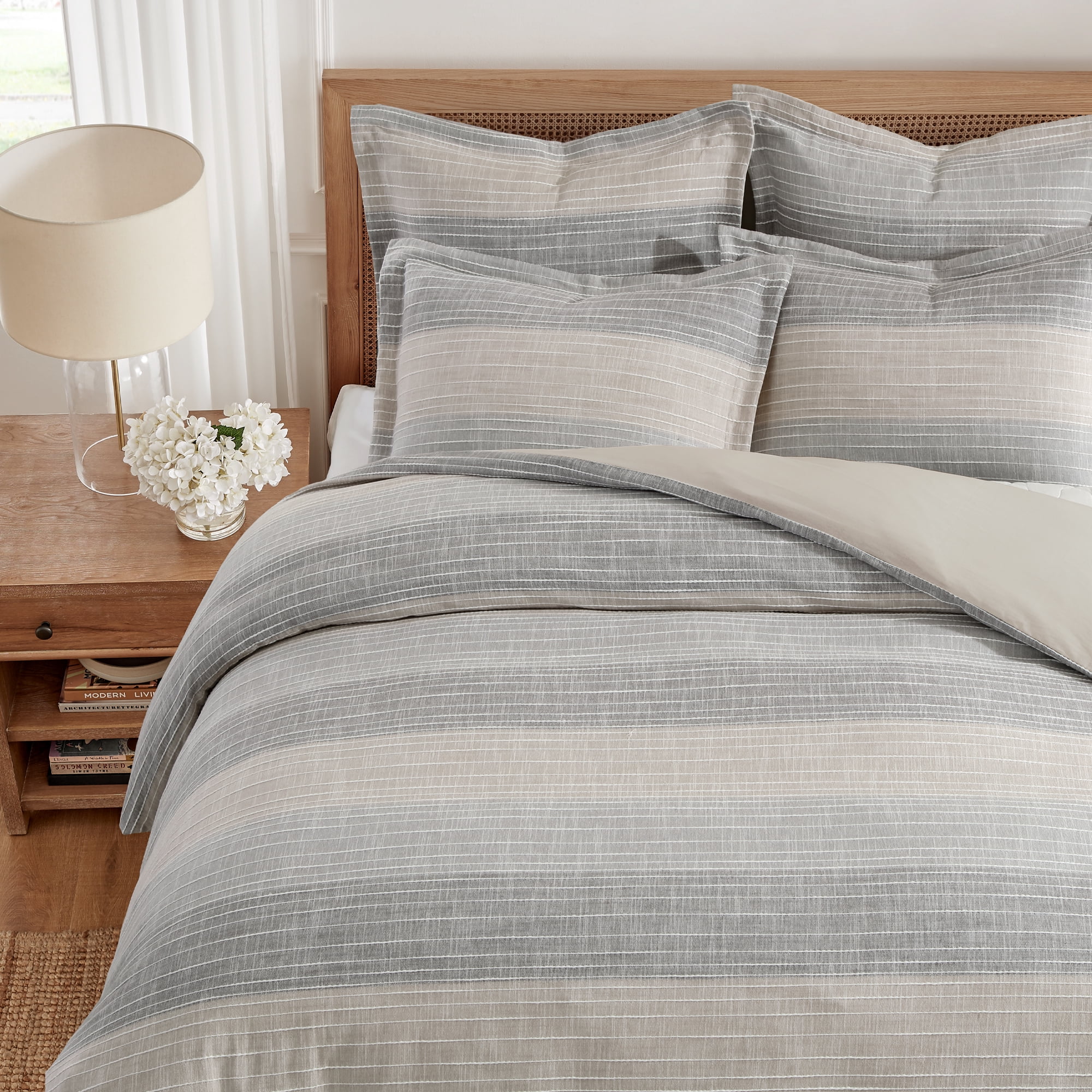 Levtex Home - Sand Stripes Natural Duvet Cover Set - King Duvet Cover (106 x 94in.) + Two King Pillow Cases (36 x 20in.) - Jaquard Stripe - Tan, Chambray, Blue, White - Cotton