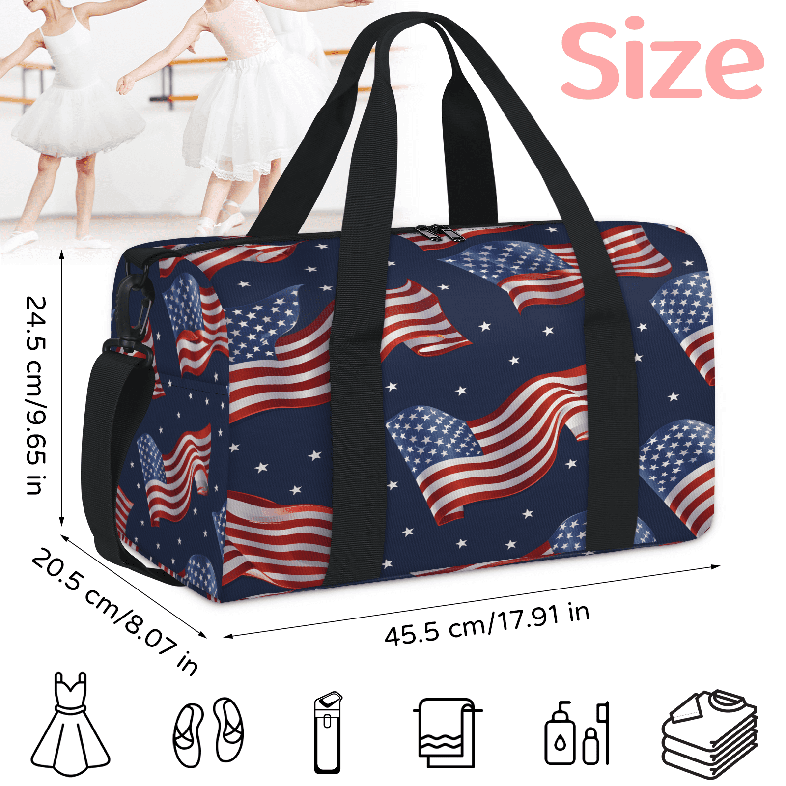 Herdesigns American Flag Gym Bag for Women, Duffle Bag for Travel Sport, 4th of July USA Flag Lightweight Waterproof Carry on Weekender Dance Yoga Workout Bags