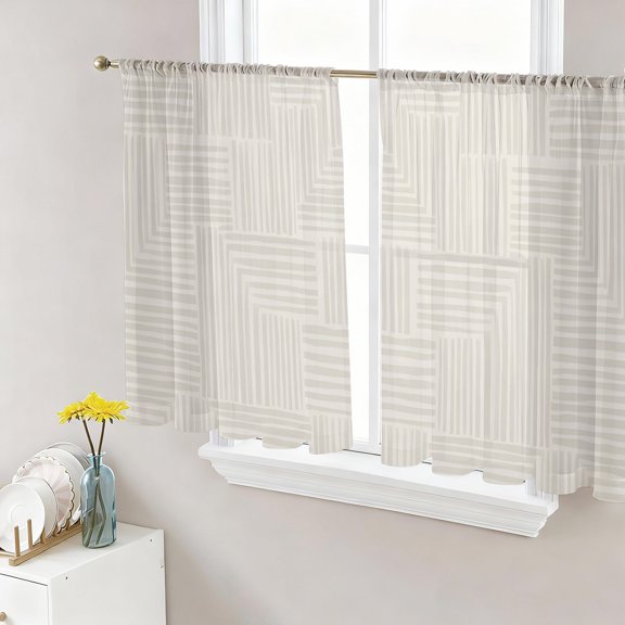 Geometric Striped Semi Sheer Curtains 54 Inch Length 2 Panels Set, Modern Minimalist Abstract Lines Sheer Kitchen Curtain Privacy Voile Window Curtain for Living Room Bedroom Rod Pocket Drapes