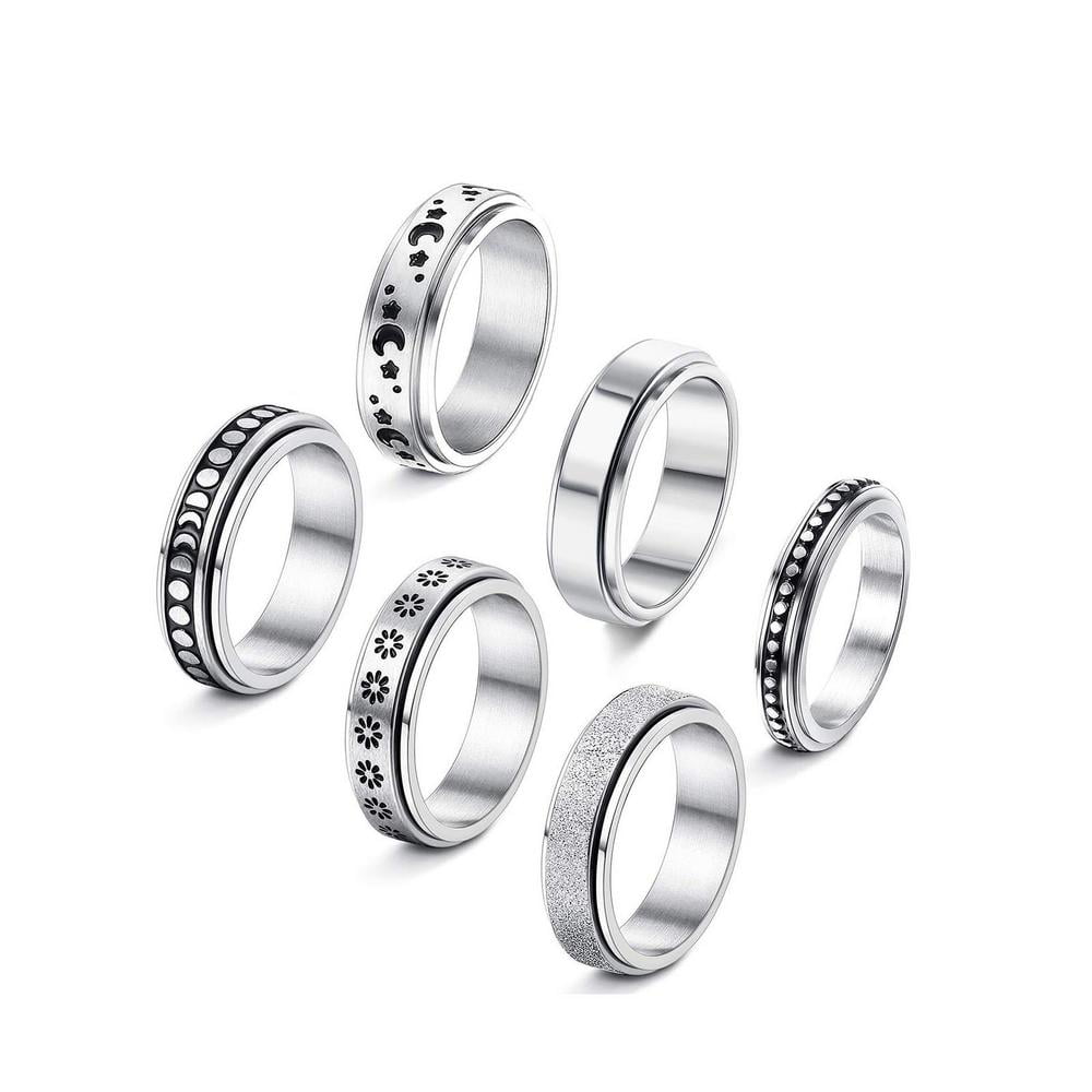 8Pcs Stainless Steel Fidget Band Rings for Women Spinner Rings Triple Interlocked Rolling Flower Moon Ring Stress Relieving Wedding Promise Rings Set
