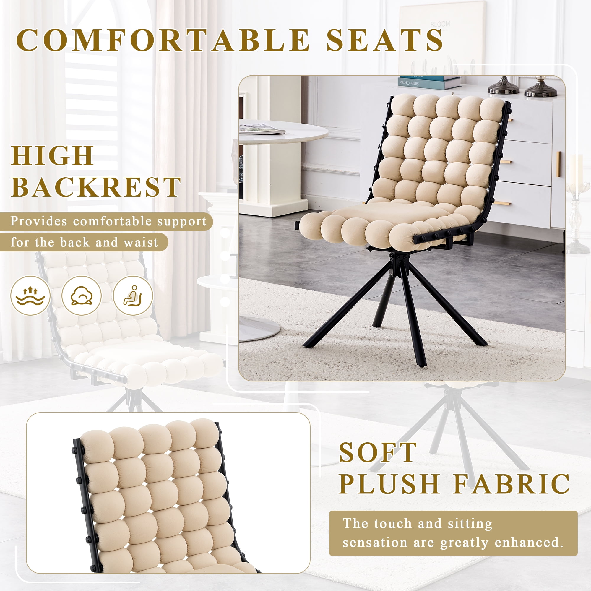 Aukfa Velvet Swivel Dining Chairs Set of 2, Modern Bubble Tufted Kitchen Side Chairs, Black Metal Legs,Beige