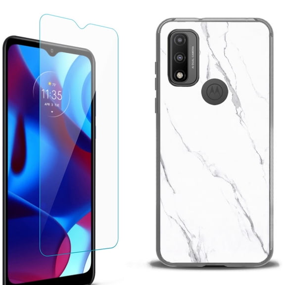 Slim-Fit Protective Phone Case (Black) compatible with Motorola Moto G Pure 5G, with Tempered Glass Screen Protector, by OneToughShield ® - Marble / White