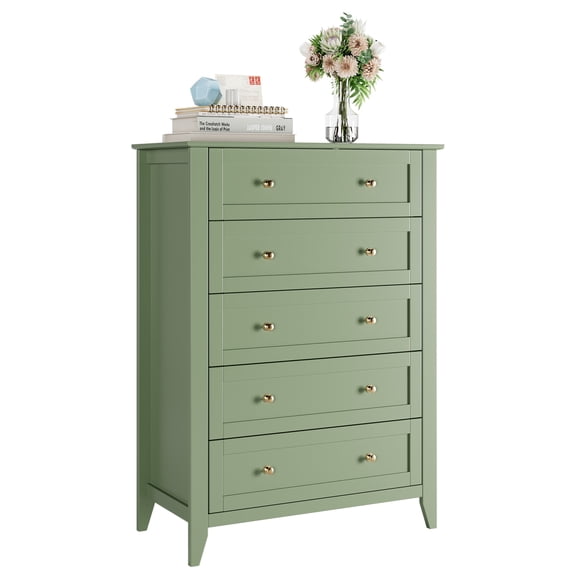 Modern 5-Drawer Wooden Dresser Tall Chest with Deep Drawers & Metal Knobs for Bedroom Entryway Hallway - Green
