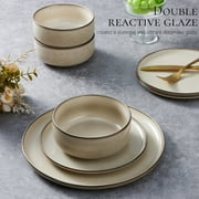 Vesteel Dinnerware Sets for 4, 12-Piece Stoneware Dish and Bowls Set, Handmade Reactive Glaze Coupe Plates Set for Family, Chip & Scratch Resistant - Khaki