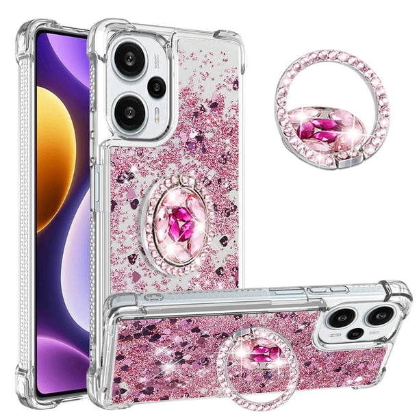 Funda para Xiaomi POCO F5 5G con Brillo Líquido Flotante, Purpurina, Parachoques y Anillo Giratorio Soporte