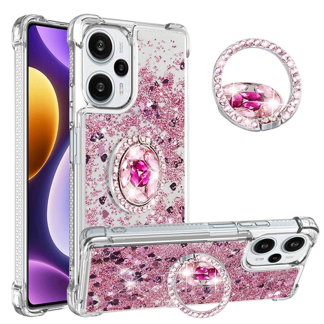 Funda para Xiaomi POCO F5 5G con Brillo Líquido Flotante, Purpurina, Parachoques y Anillo Giratorio Soporte