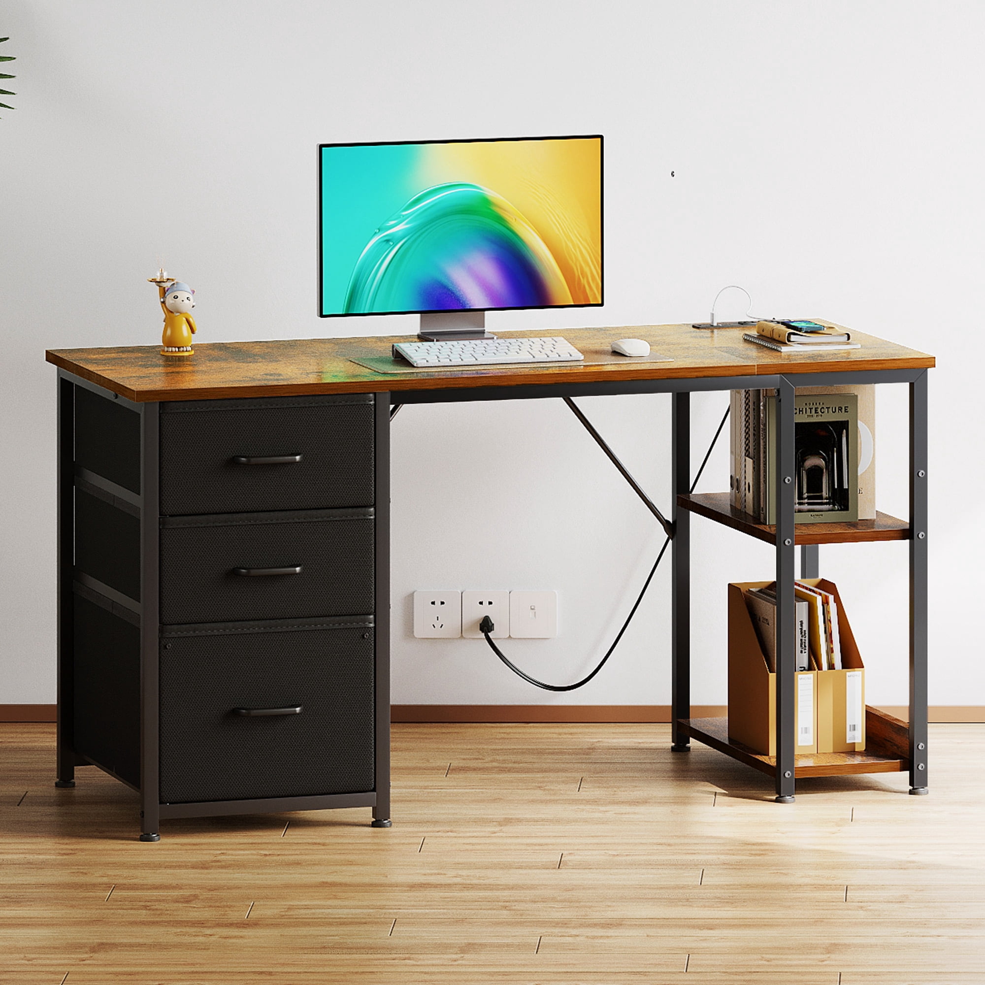 51 Inch Computer Desk with File Drawers & USB Power Outlets- Reversible Home Office Desk with Storage Shelves, Work from Home, Writing Table for Bedroom, Vintage