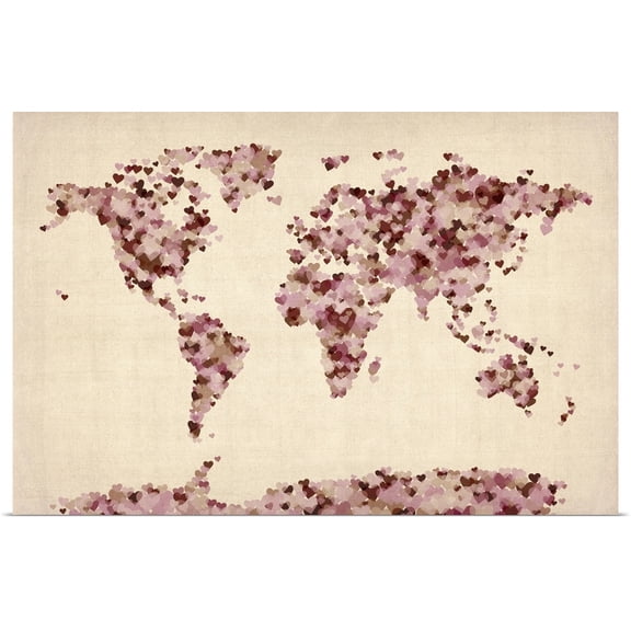 Great BIG Canvas | "World Art Map made up of Hearts" Art Print - 30x20