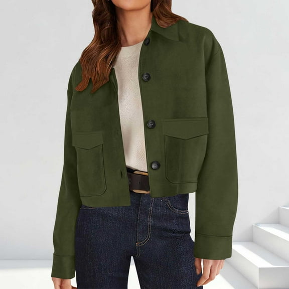 ClodeEU Women's Faux Suede Cropped Jacket,Lapel Button Up Jackets With Pockets Green,Womens Plus XL