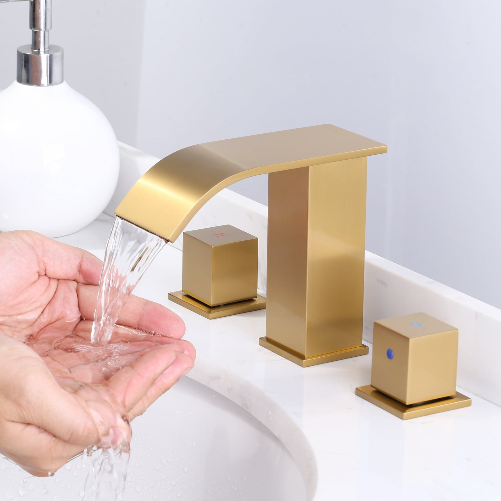 Brushed Gold Waterfall Bathroom Faucet: WOWOW 8 inch Widespread Bathroom Faucets for Sinks 3 Hole, Modern 2 Handles Bathroom Sink Faucet with Pop up Drain and cUPC Supply Lines