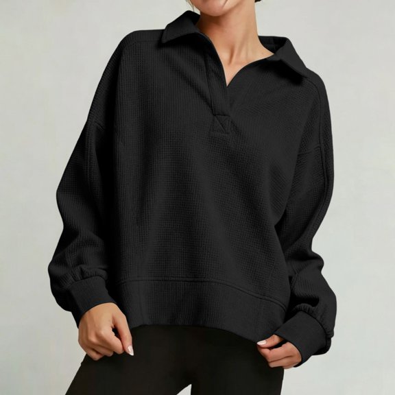 ABSUYY Relaxed Fit Waffle Knit Polo Top, Black Womens Long Sleeve Casual Everyday Pullover,Size M