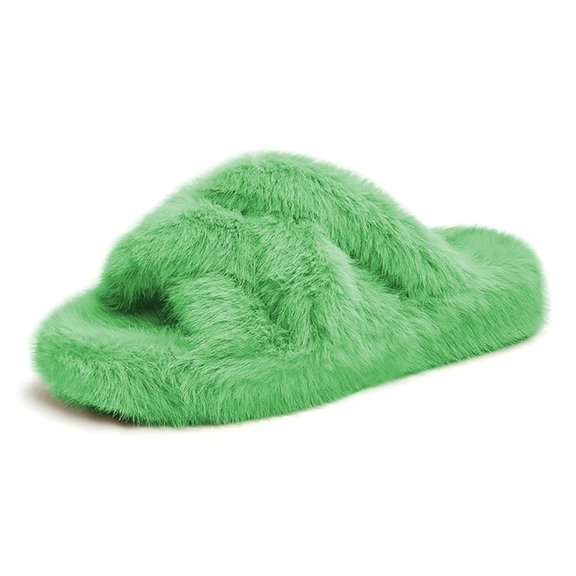 YDN Women Comfortable Flats Slippers Open Round Toe Fur Slides Sandals Cross Strap Slip On Shoes for Indoor Party Daily Size 7 Green