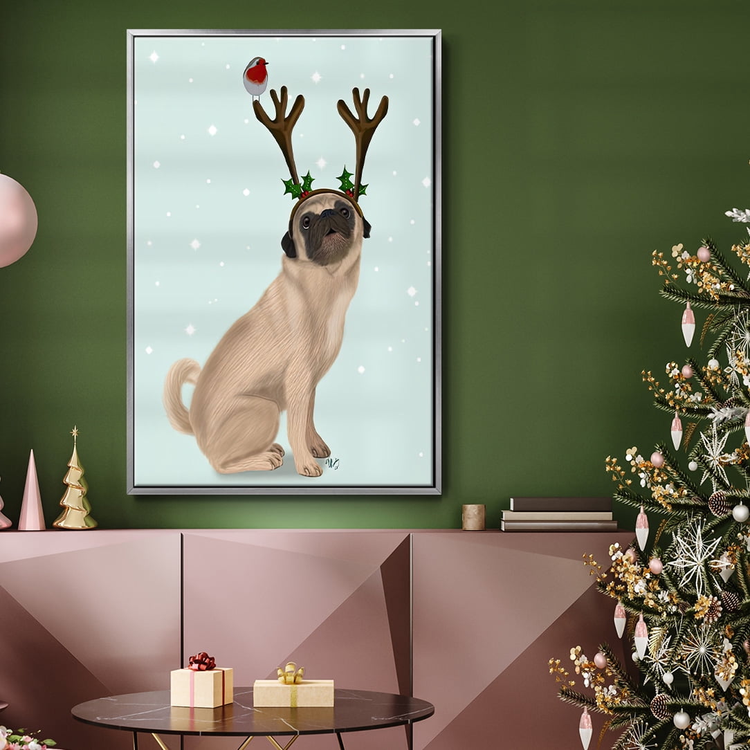 Christmas Pug with Antlers and Robin - Framed Gallery Wrapped Holiday Canvas - 17 x 25 - Silver Frame