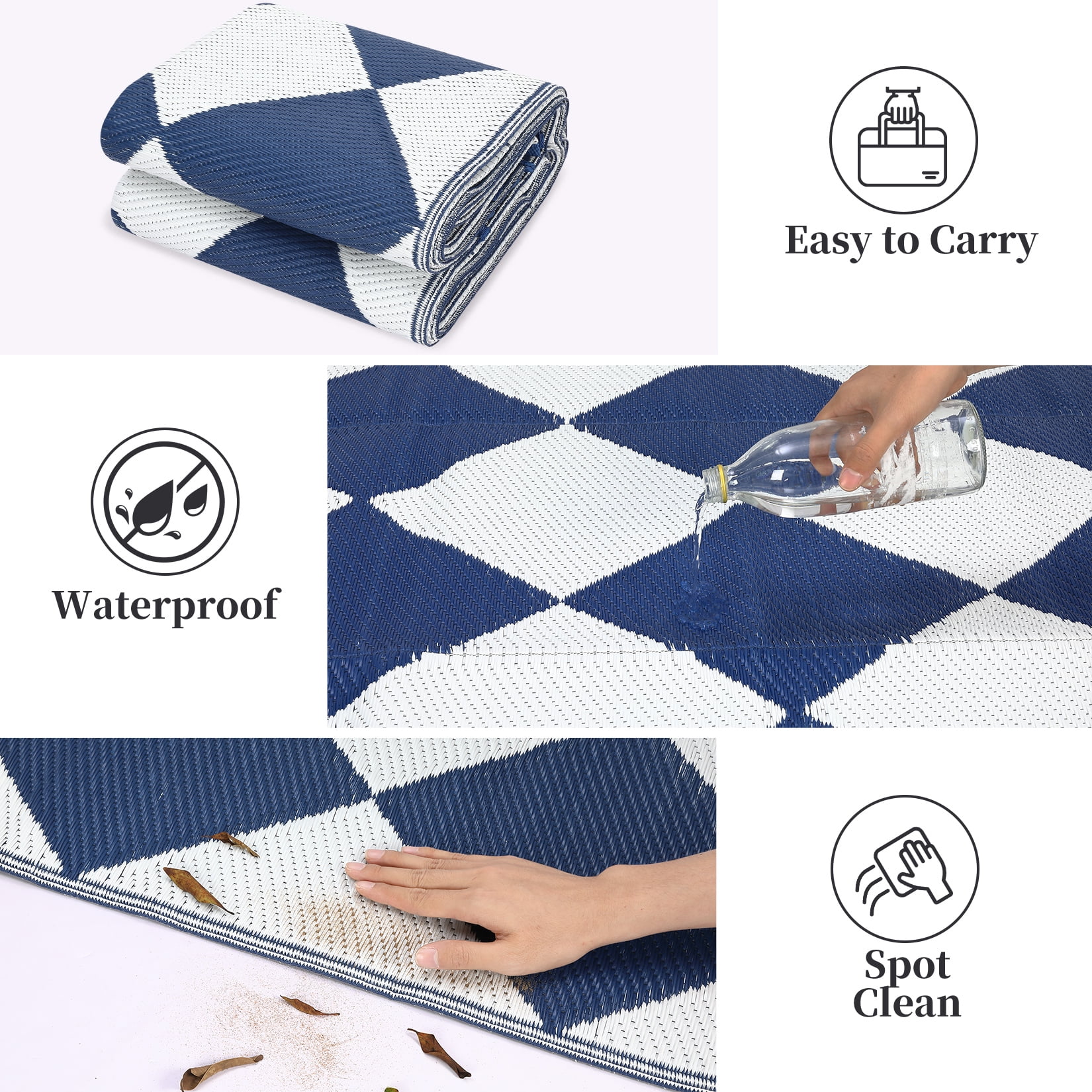 Senfot 8x10 Waterproof Portable Outdoor Rug, Modern Geometric Plastic Carpet for Patio Camping Deck Backyard Porch Decor with Storage Bag Blue and White