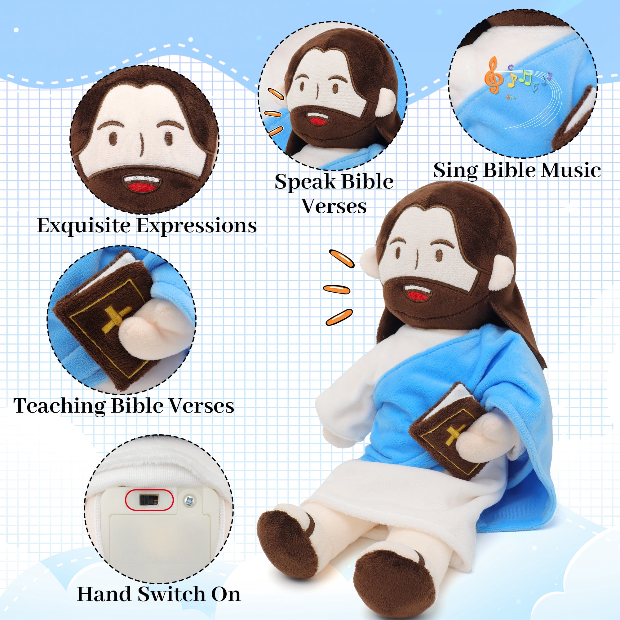 Jesus Plush Speaks 20 Of Jesus' Bible Verses And 3 Of Bible Music Jesus Doll Stuffed Animal To Teach Suitable For Church Sunday School Religious Easter-Blue