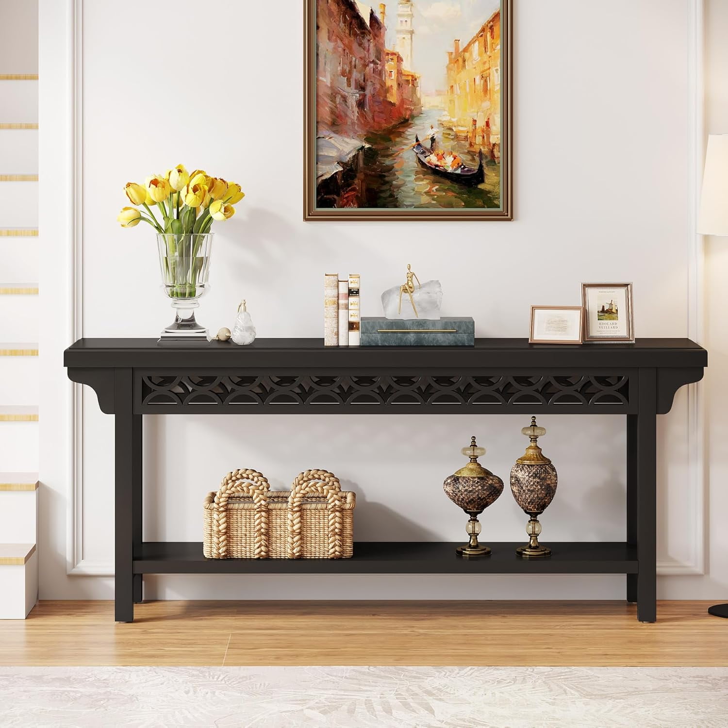 Tribesigns 70.8-Inch Solid Wood Long Console Table, Farmhouse Entryway Table with Storage, Narrow Sofa Table for Living Room Entryway Hallway (Black)