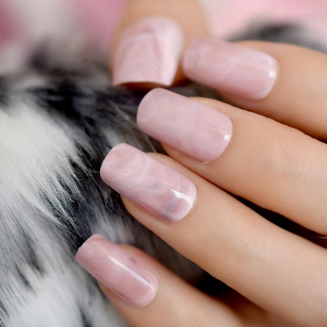 Uñas artificiales de mármol rosa brillante, Kit de Arte de uñas prediseñado falso cuadrado de tamaño mediano para mujer, herramienta de uso Z836